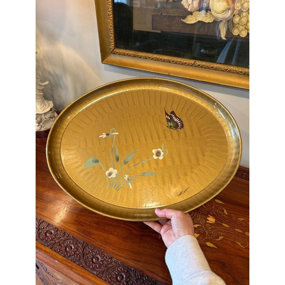 Vintage Gold Lacquer Tray, Hand Painted Butterfly Oval‎ Serving Tray - 18